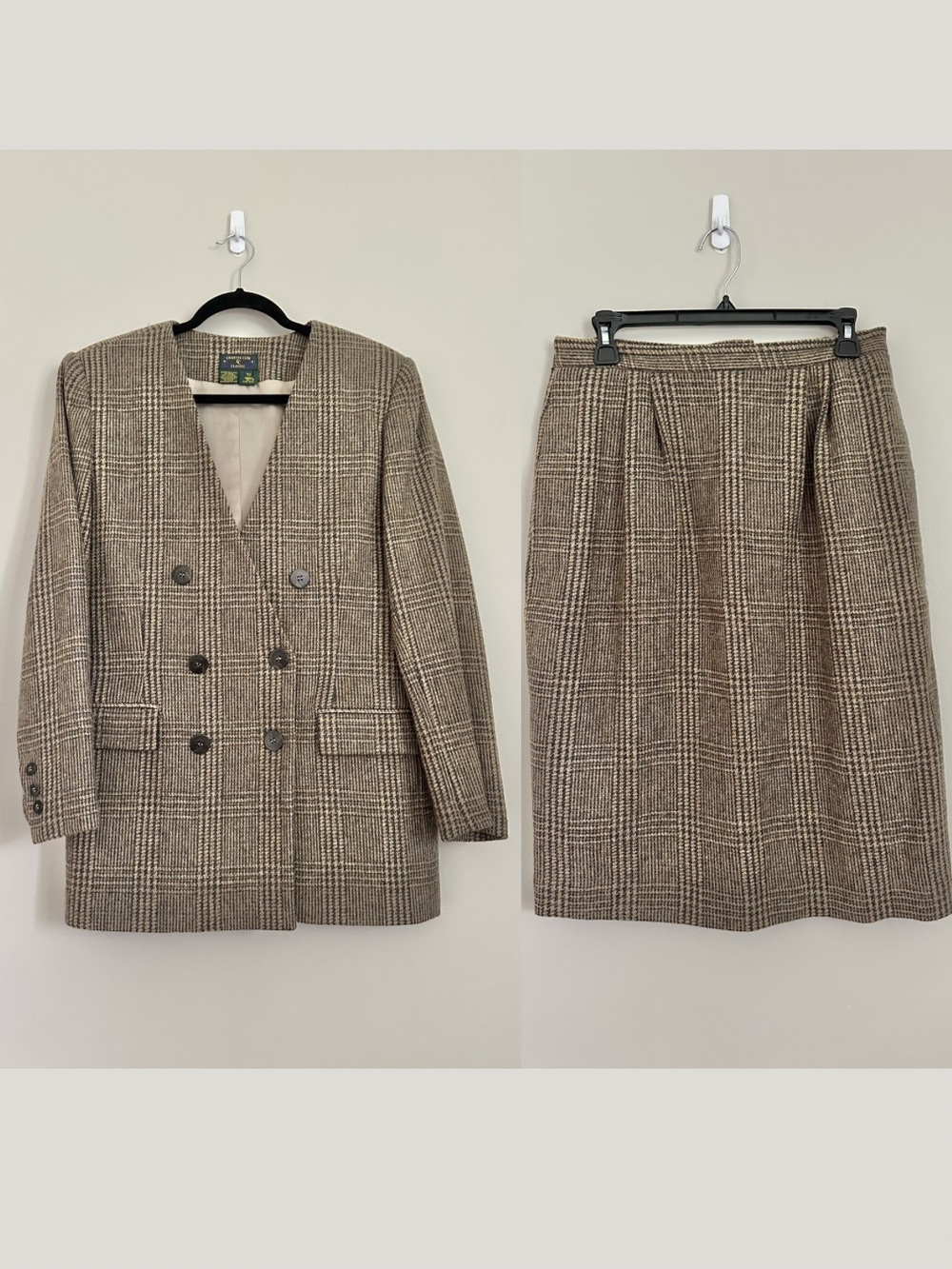 Vtg Charter Club Classic 100% Wool Plaid Skirt Suit Set Size 12 Brown Glen Plaid